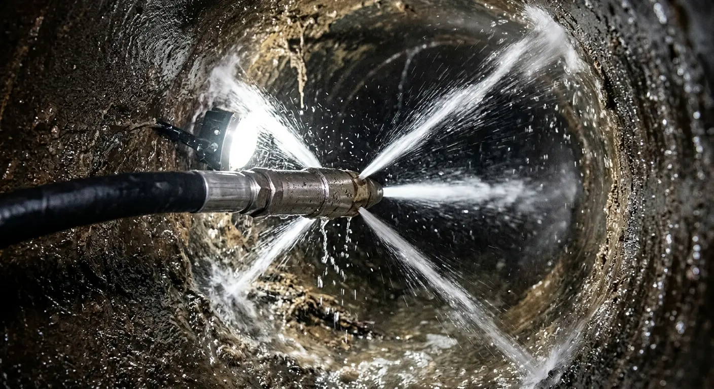 High-pressure hydro jetting nozzle cleaning sewer pipe for Sewer Line Relining in Pineville