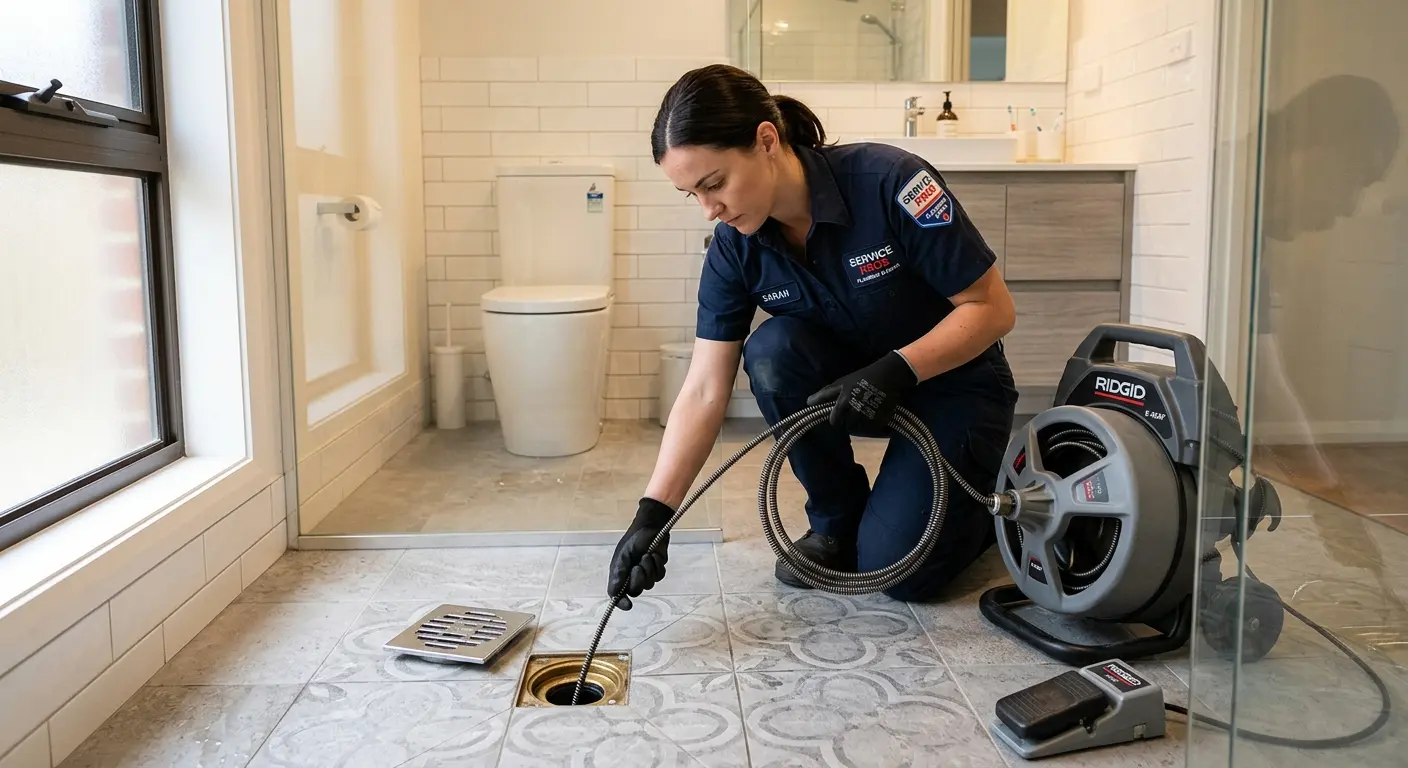 Technician clearing a bathroom floor drain for Hydro Jetting in Pineville